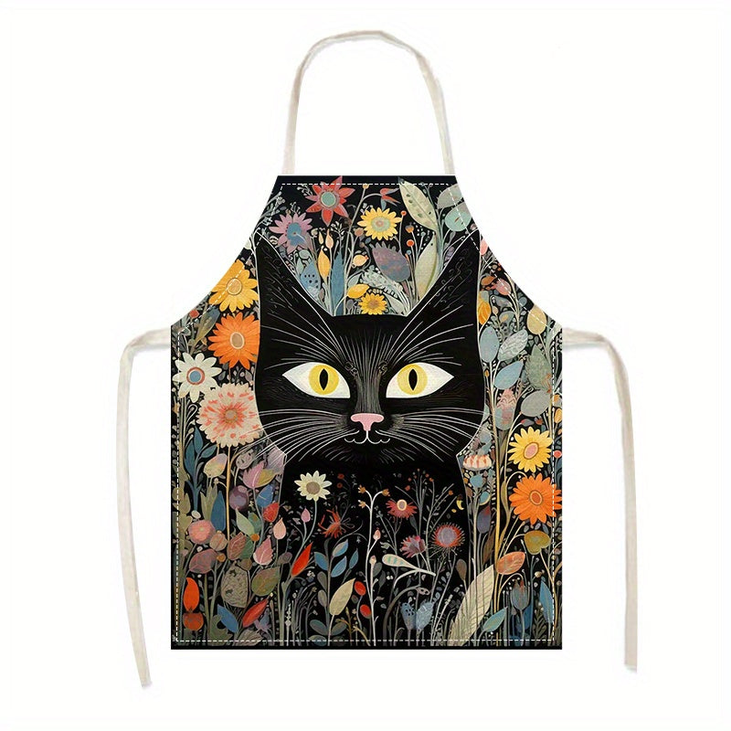 Colorful Cartoon Cat Linen Apron – Creative Style for Cooking and Parties