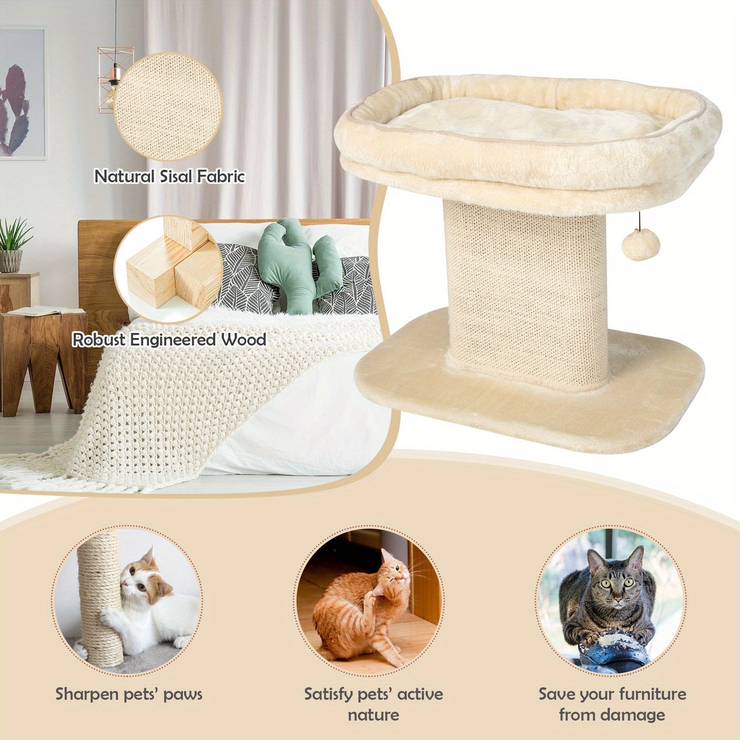 LIFEZEAL Modern Cat Tree Tower – Stylish Beige Cat Activity Tower with Plush Perch