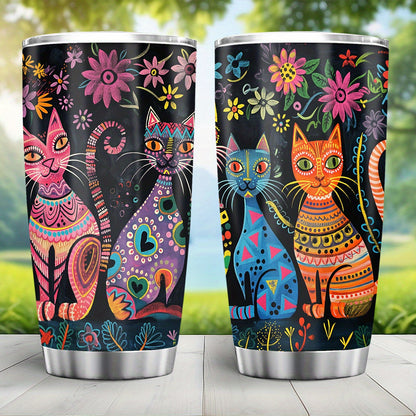 Contemporary Metal Cat Tumbler – 20 oz Stainless Steel Coffee Mug with Handle