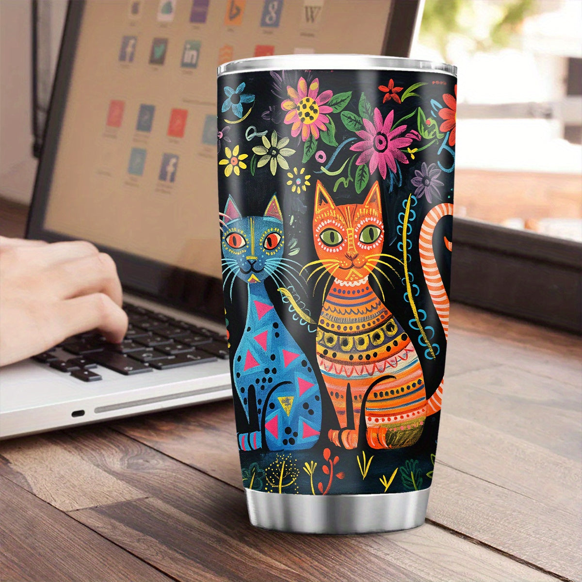 Contemporary Metal Cat Tumbler – 20 oz Stainless Steel Coffee Mug with Handle