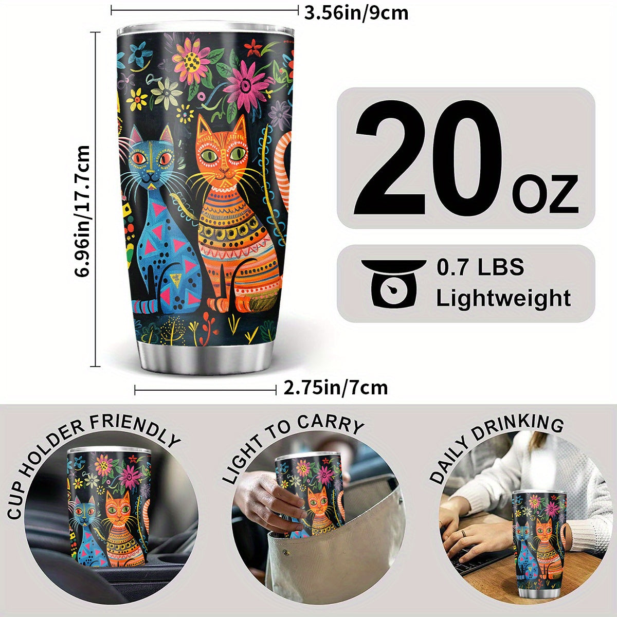 Contemporary Metal Cat Tumbler – 20 oz Stainless Steel Coffee Mug with Handle