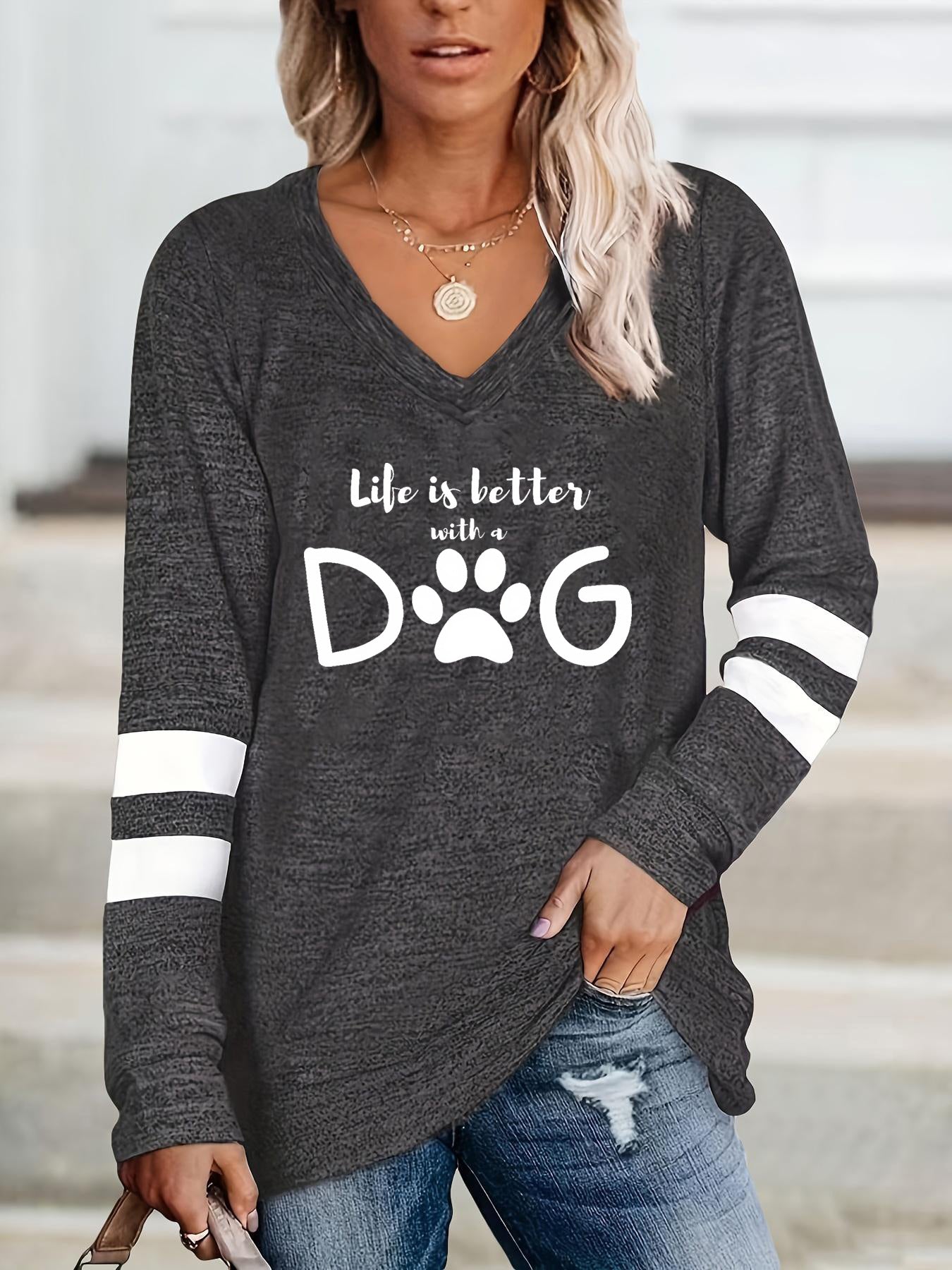 Dog Letter Print T-Shirt – Women's Long Sleeve V-Neck Casual Top for Spring & Fall