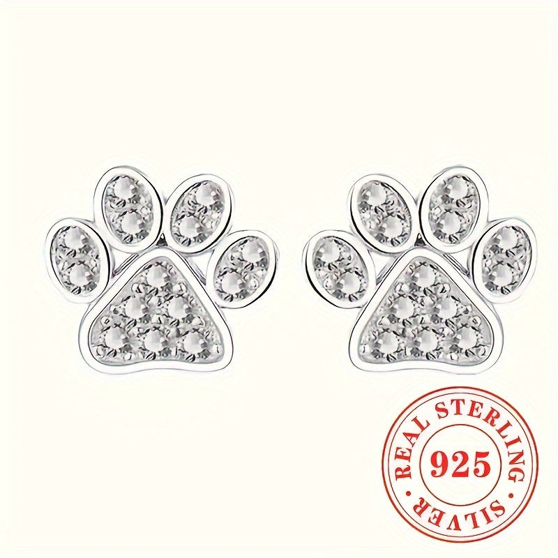 Elegant & Cute Animal Paw Print Stud Earrings for Women – 925 Sterling Silver with Synthetic Cubic Zirconia