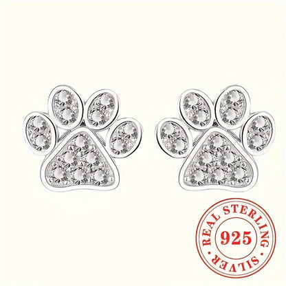 Elegant & Cute Animal Paw Print Stud Earrings for Women – 925 Sterling Silver with Synthetic Cubic Zirconia