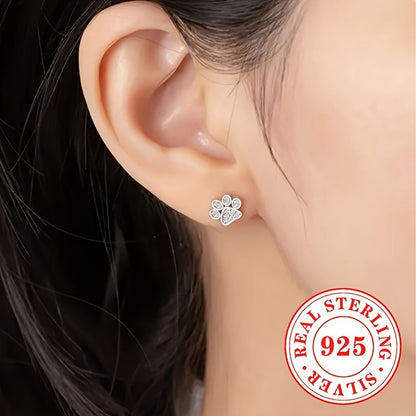 Elegant & Cute Animal Paw Print Stud Earrings for Women – 925 Sterling Silver with Synthetic Cubic Zirconia