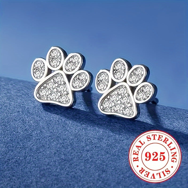 Elegant & Cute Animal Paw Print Stud Earrings for Women – 925 Sterling Silver with Synthetic Cubic Zirconia