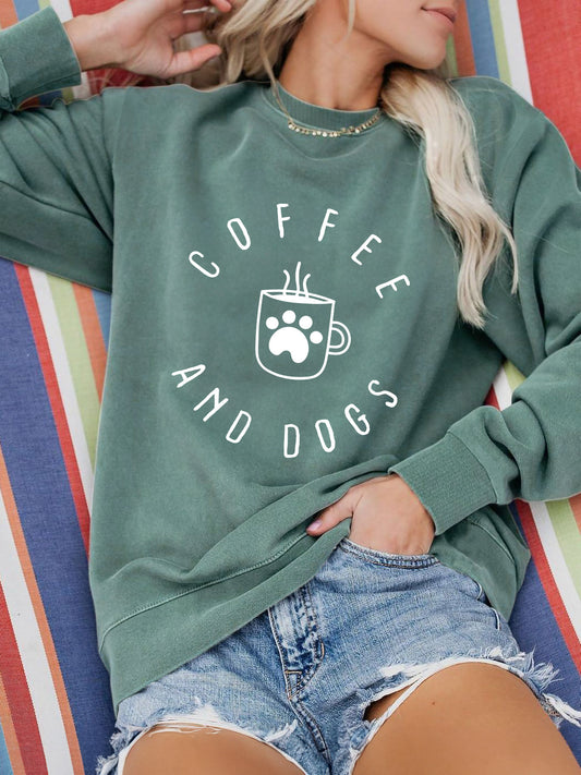 Coffee and Dogs Letter Print Round Neck Long Sleeve Sweater – Cozy & Stylish for Dog Lovers