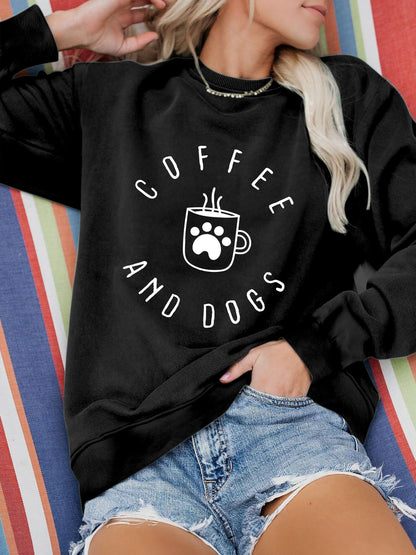 Coffee and Dogs Letter Print Round Neck Long Sleeve Sweater – Cozy & Stylish for Dog Lovers