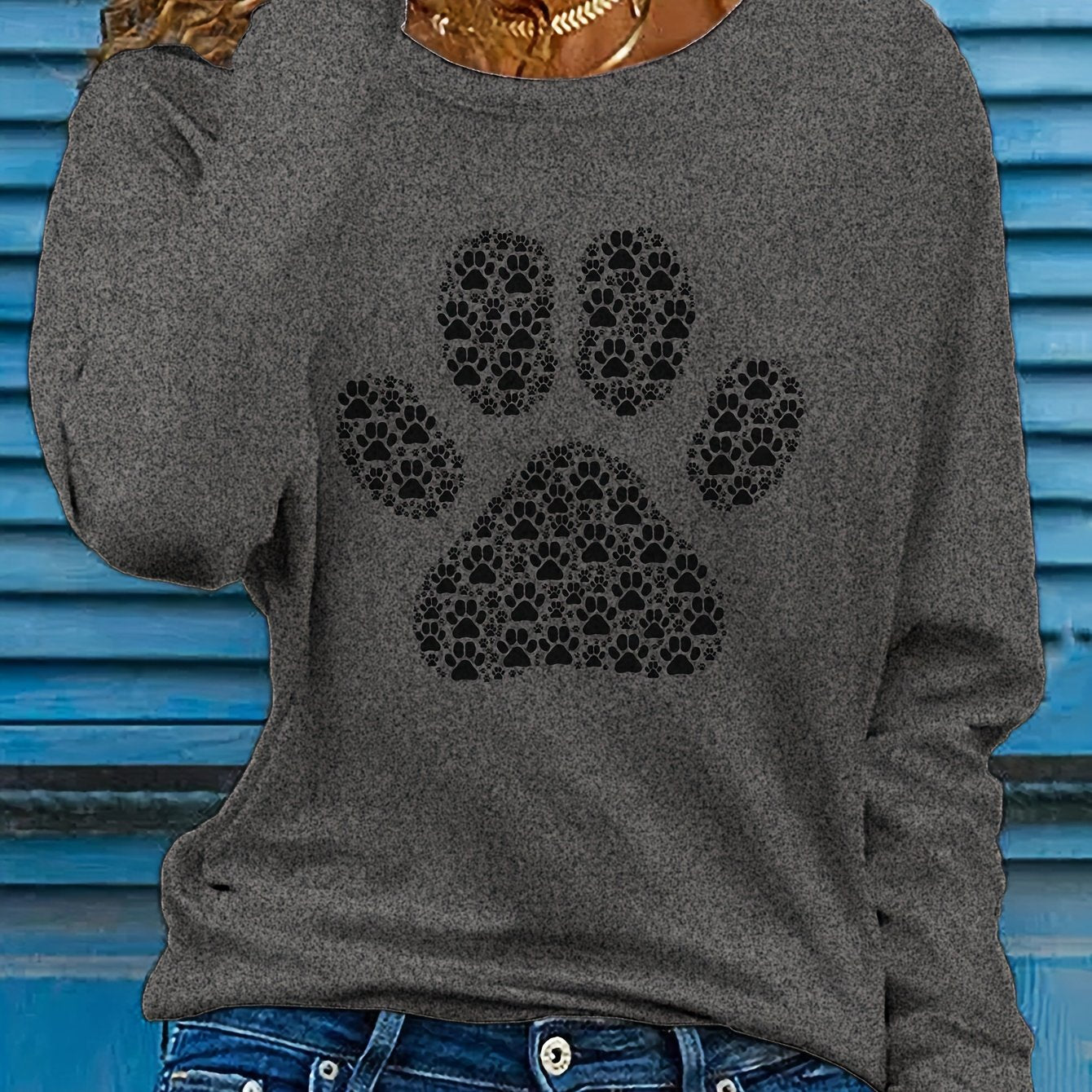 Adorable Puppy Paw Print Tee - Soft, Casual, Long Sleeve Crew Neck T-shirt for Women - Comfortable, Relaxed Fit, Animal Lover's Gift Idea, Women's Clothing