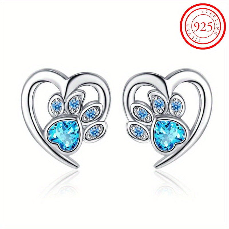 Sterling 925 Silver Hollow Heart Paw Pattern Zirconia Stud Earrings