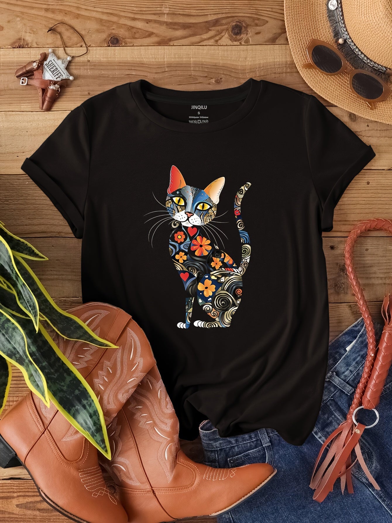 Short Sleeve Cat Print Crew Neck T-Shirt for Women – Casual Spring & Summer Clothing