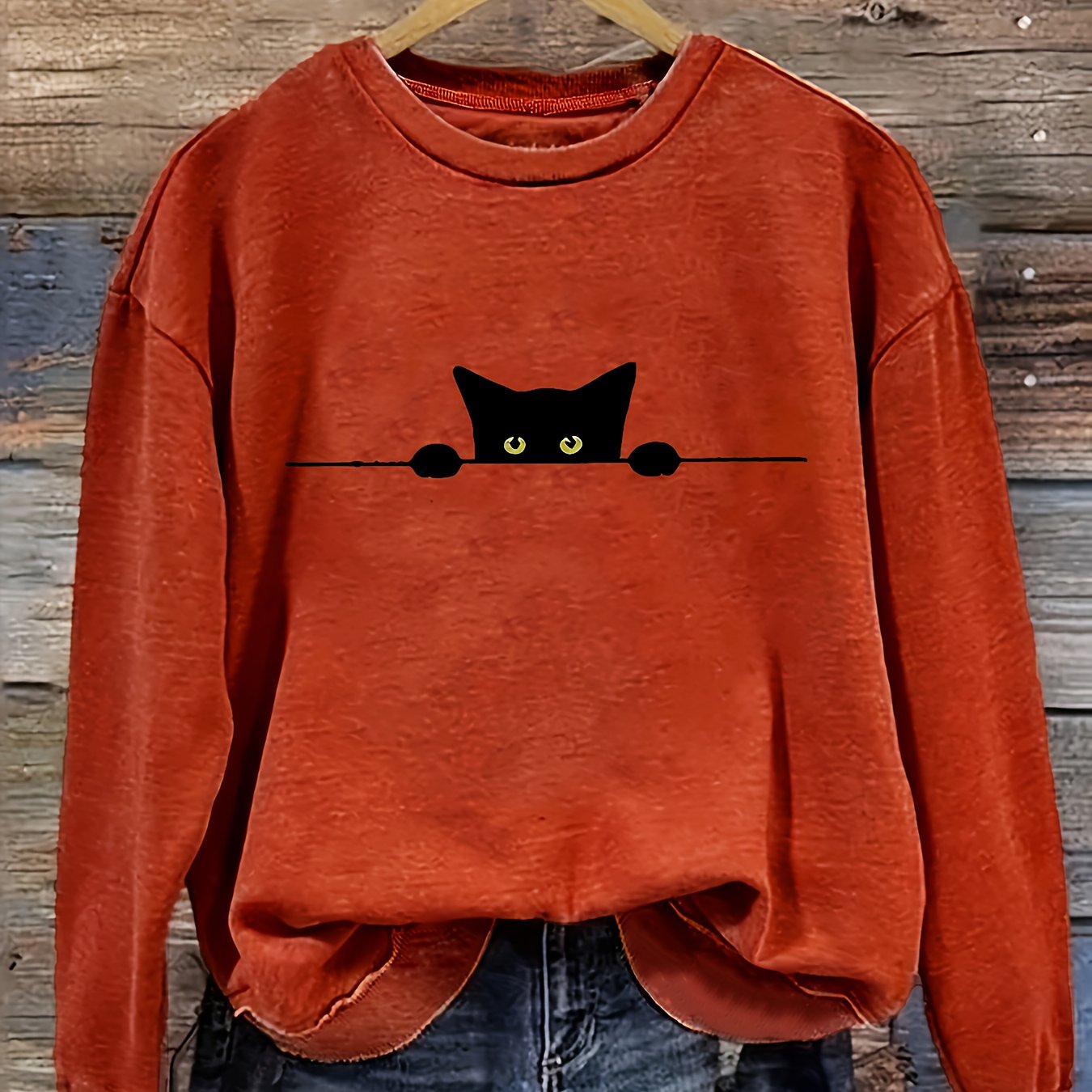 Cat Print Pullover Sweatshirt – Casual Long Sleeve Crew Neck Sweatshirt for Fall & Winter