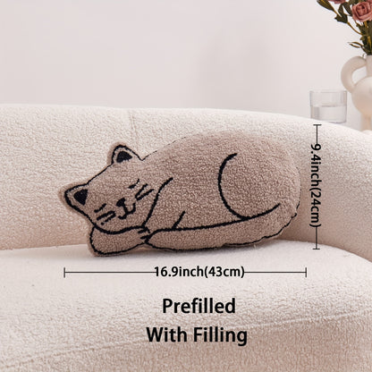 Charming Cat-Shaped Embroidered Throw Pillow with Insert - Soft Polyester, Easy Care