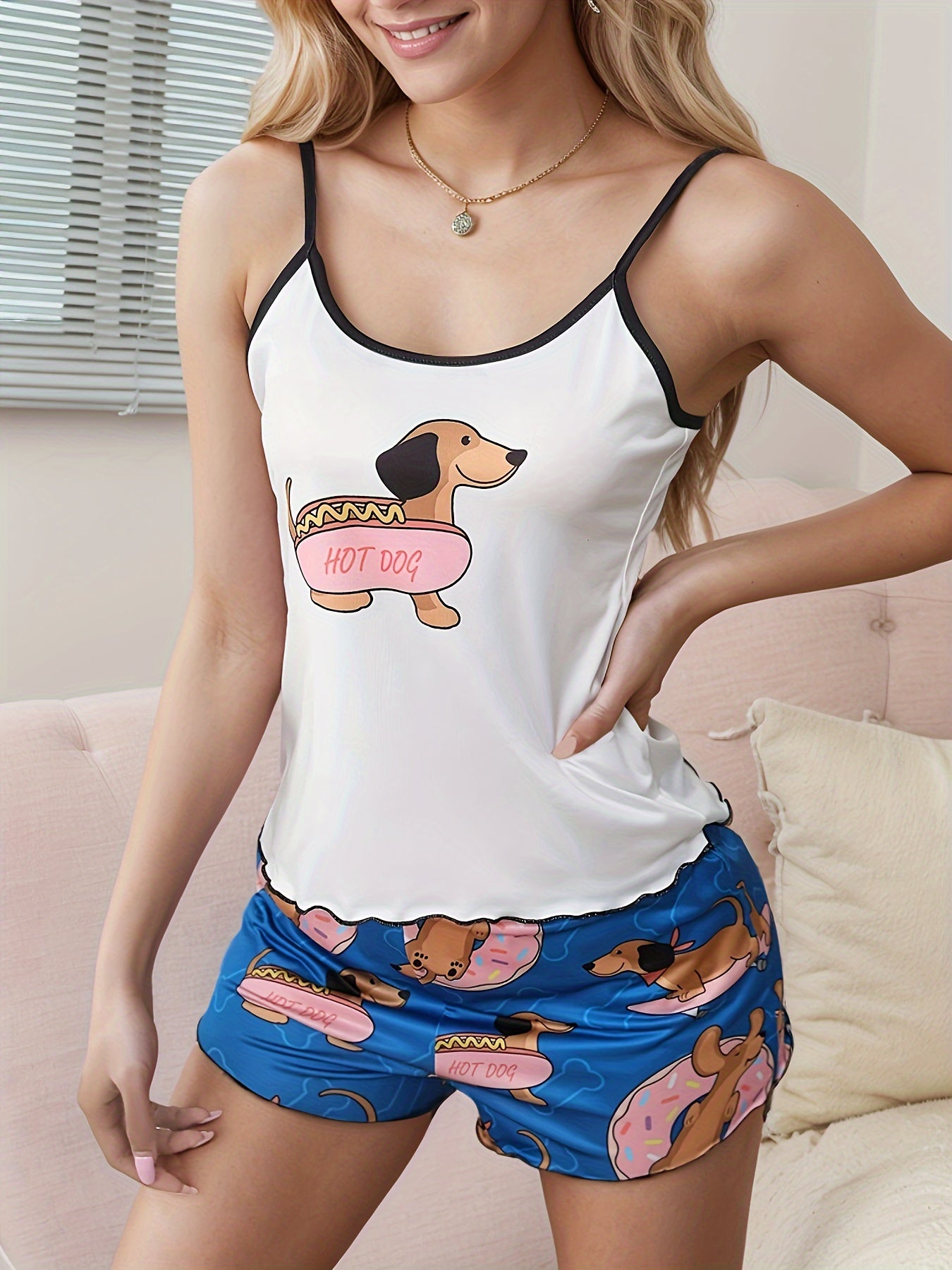 Women's Cute Cartoon Hot Dog Print Shorts Pajama Set