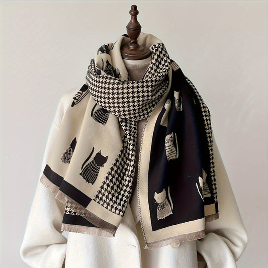 Elegant Double-Sided Cat Pattern Houndstooth Jacquard Scarf – Soft & Warm Winter Shawl