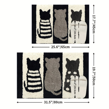 Ultra-Soft Flocked Bath Mat – Non-Slip, Absorbent, Machine Washable with Black & White Cat Design