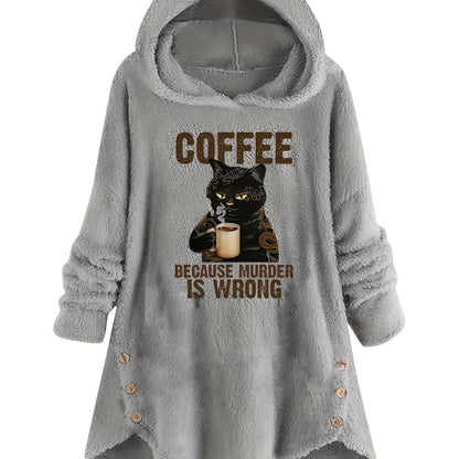 Cozy Cat & Slogan Print Teddy Hoodie for Women