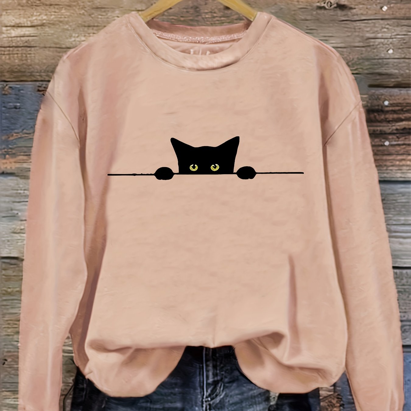 Cat Print Pullover Sweatshirt – Casual Long Sleeve Crew Neck Sweatshirt for Fall & Winter