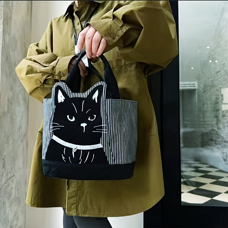 Black Cat Embroidered Tote Bag – Large Capacity Shoulder Bag