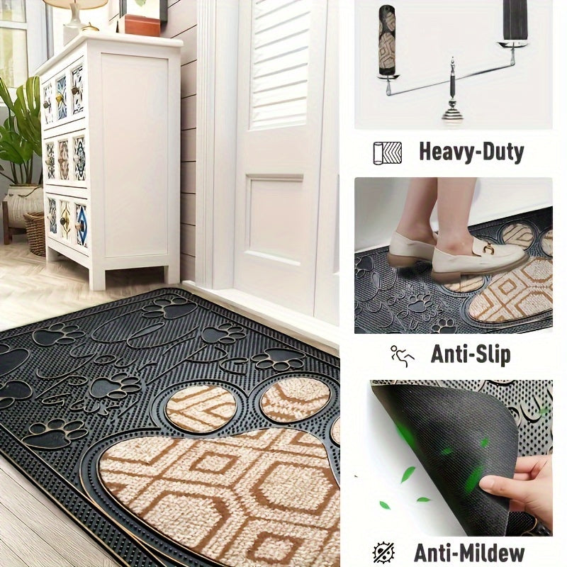 Water-Resistant Non-Slip PVC & Polyester Doormat with Paw & Stripe Design – Stain-Resistant Outdoor Entrance Mat