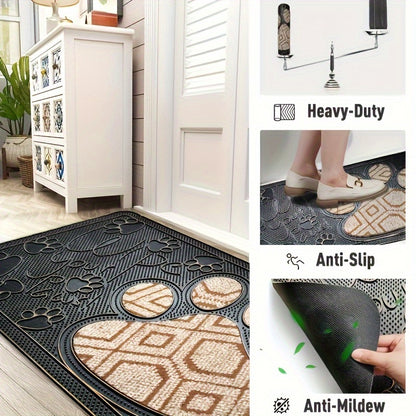 Water-Resistant Non-Slip PVC & Polyester Doormat with Paw & Stripe Design – Stain-Resistant Outdoor Entrance Mat