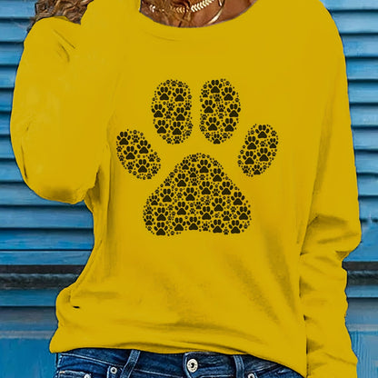 Adorable Puppy Paw Print Tee - Soft, Casual, Long Sleeve Crew Neck T-shirt for Women - Comfortable, Relaxed Fit, Animal Lover's Gift Idea, Women's Clothing