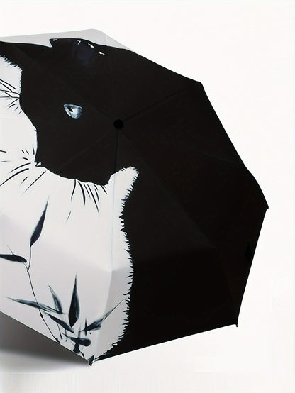 Black and White Cat Pattern Folding Umbrella – Rainproof and Sunshade Protection