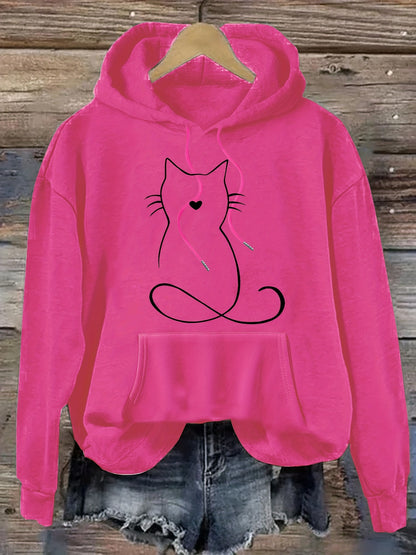 Cat Print Kangaroo Pocket Hoodie – Casual Drawstring Hooded Sweatshirt