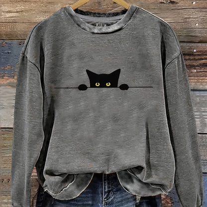 Cat Print Pullover Sweatshirt – Casual Long Sleeve Crew Neck Sweatshirt for Fall & Winter