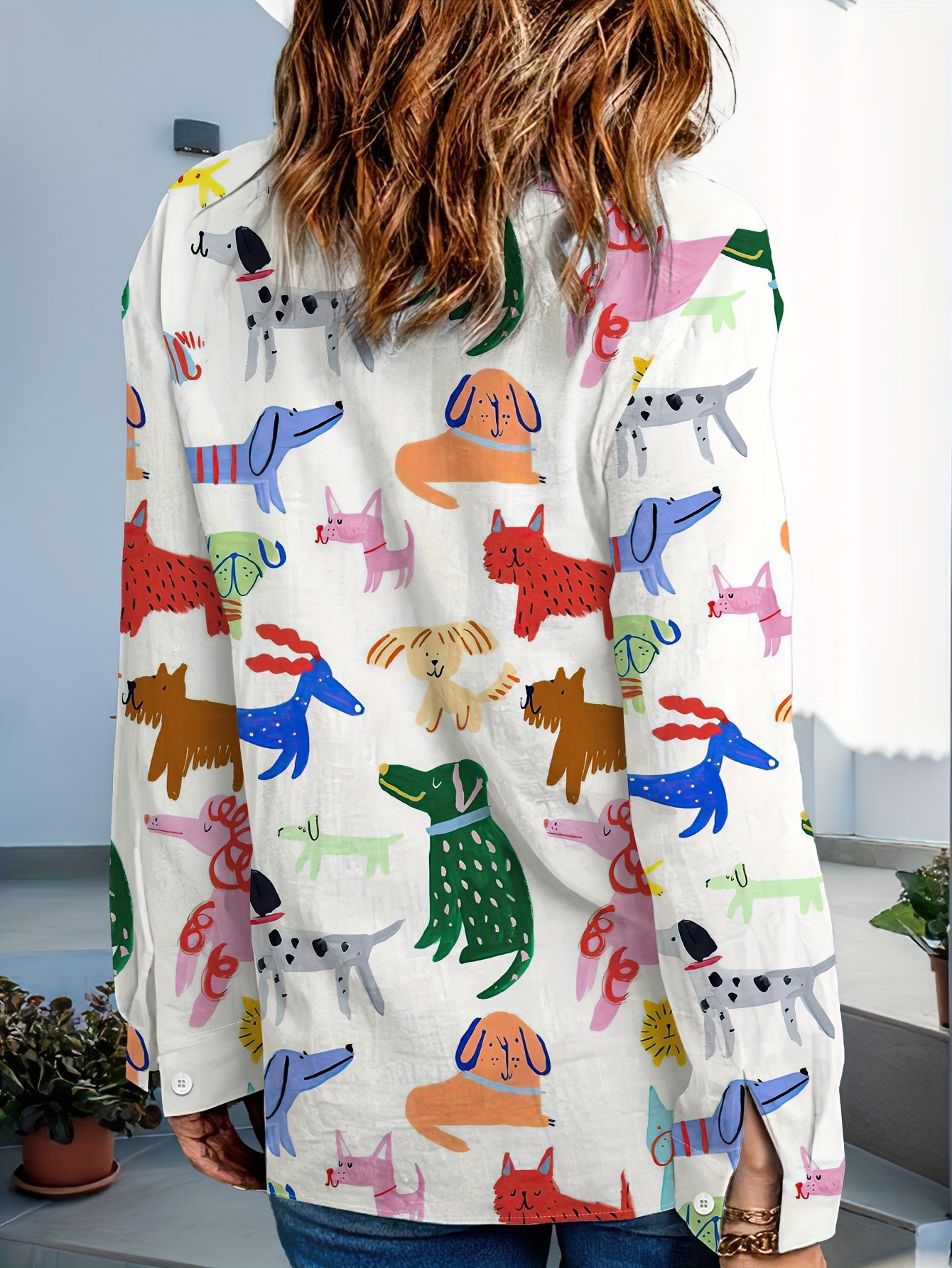 Women's Casual Long Sleeve Button-Up Shirt with Colorful Cute Dogs Pattern