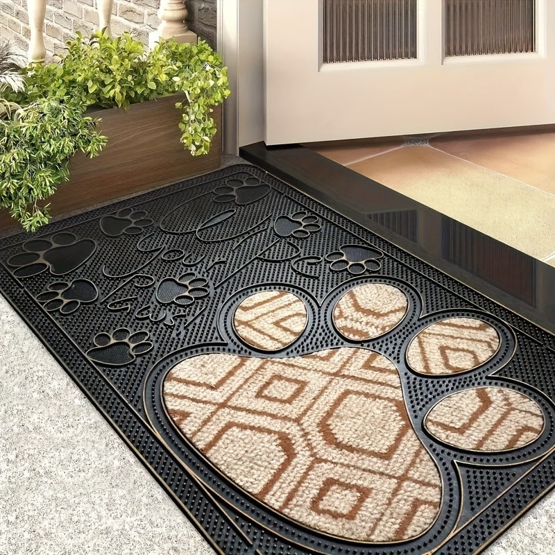 Water-Resistant Non-Slip PVC & Polyester Doormat with Paw & Stripe Design – Stain-Resistant Outdoor Entrance Mat