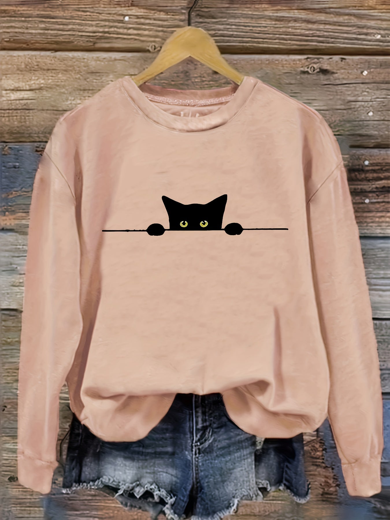 Cat Print Pullover Sweatshirt – Casual Long Sleeve Crew Neck Sweatshirt for Fall & Winter