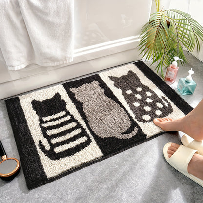 Ultra-Soft Flocked Bath Mat – Non-Slip, Absorbent, Machine Washable with Black & White Cat Design