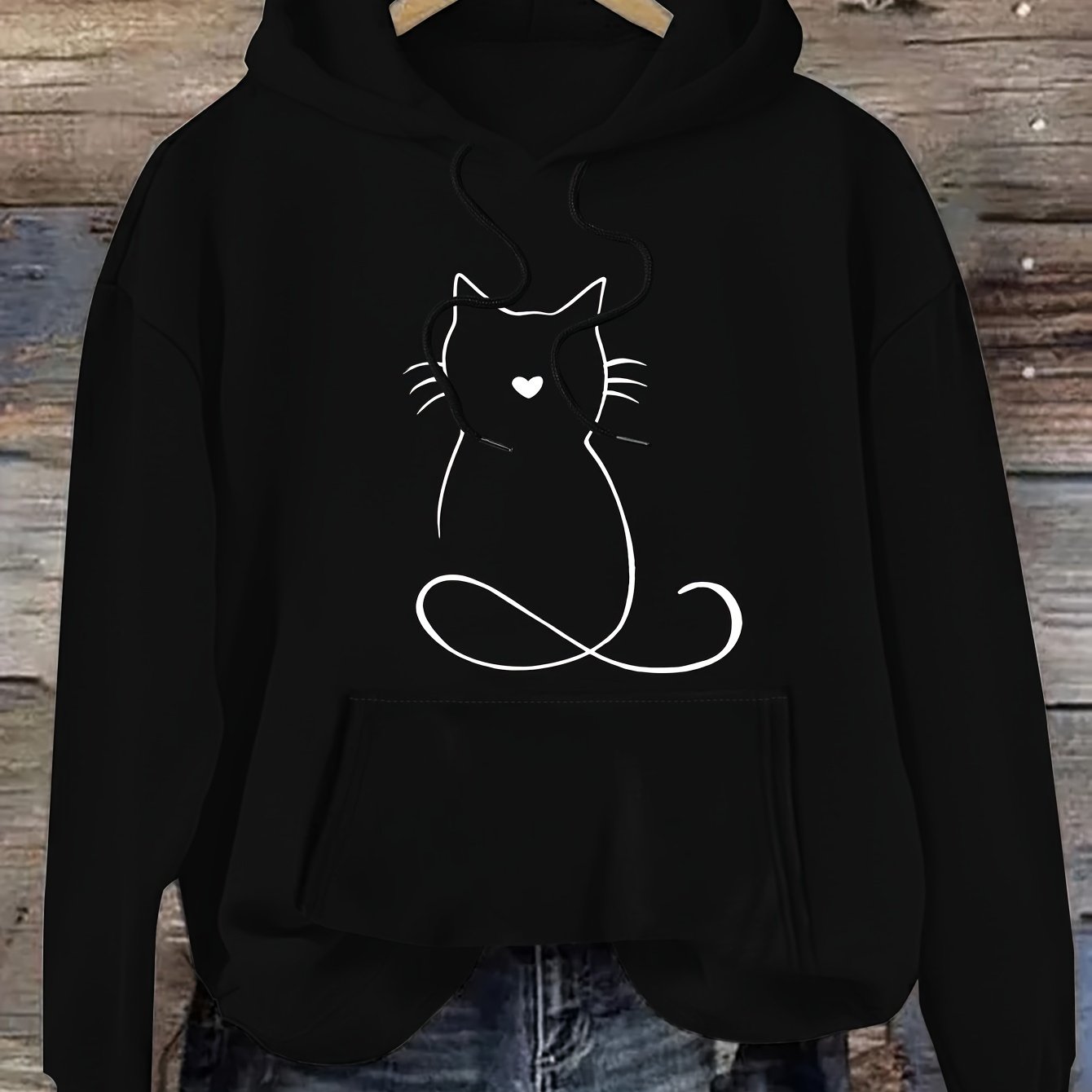 Cat Print Kangaroo Pocket Hoodie – Casual Drawstring Hooded Sweatshirt