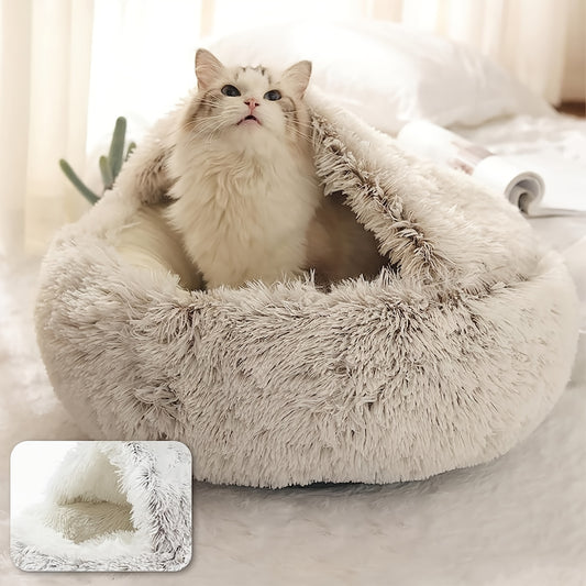 Plush Round Hooded Pet Bed – A Cozy Retreat for Your Furry Friends