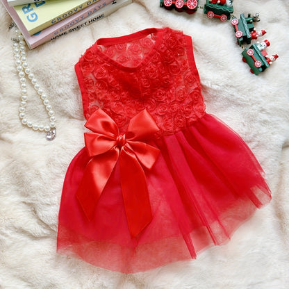 Red Rose 3D Floral Tulle Dress with Bowknot