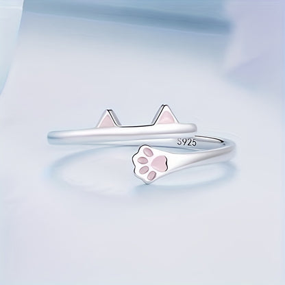 925 Sterling Silver Cute Cat Paw Ring – Adjustable Pink Cat Paw Wrap Ring for Women