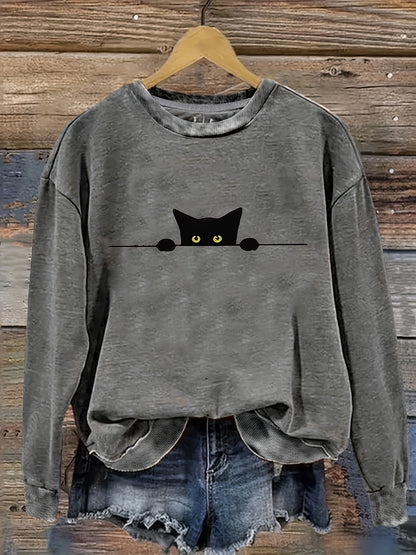 Cat Print Pullover Sweatshirt – Casual Long Sleeve Crew Neck Sweatshirt for Fall & Winter