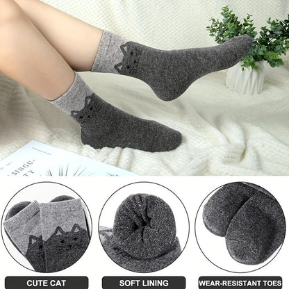 5 Pairs Cute Cat Socks – Thick Winter Warm Crew Socks for Women and Men