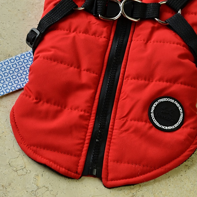 Warm Padded Dog Vest with Built-In Harness – Cozy Red Coat for Small Dogs