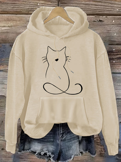 Cat Print Kangaroo Pocket Hoodie – Casual Drawstring Hooded Sweatshirt