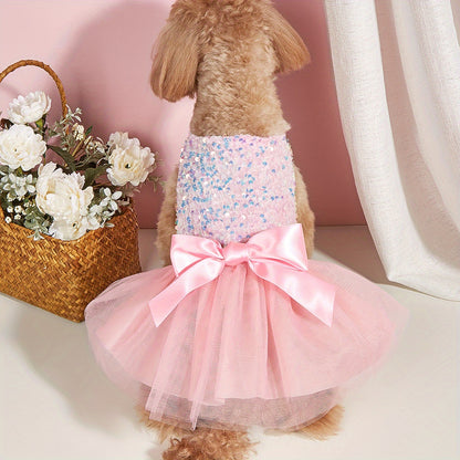 Sparkle and Shine: Pet Sleeveless Sequin Bow Mesh Dress