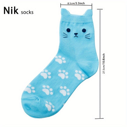 WhimsyCat Women’s Crew Socks – Cute Cat Face & Paw Print Design