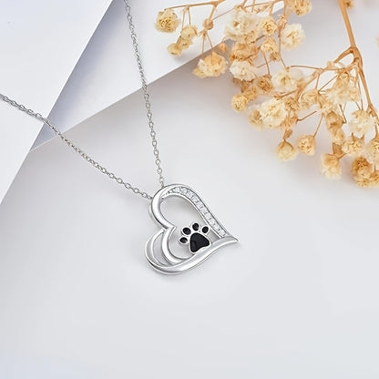 925 Sterling Silver Heart-Shaped Pendant Necklace – Synthetic Cubic Zirconia Paw Print Design