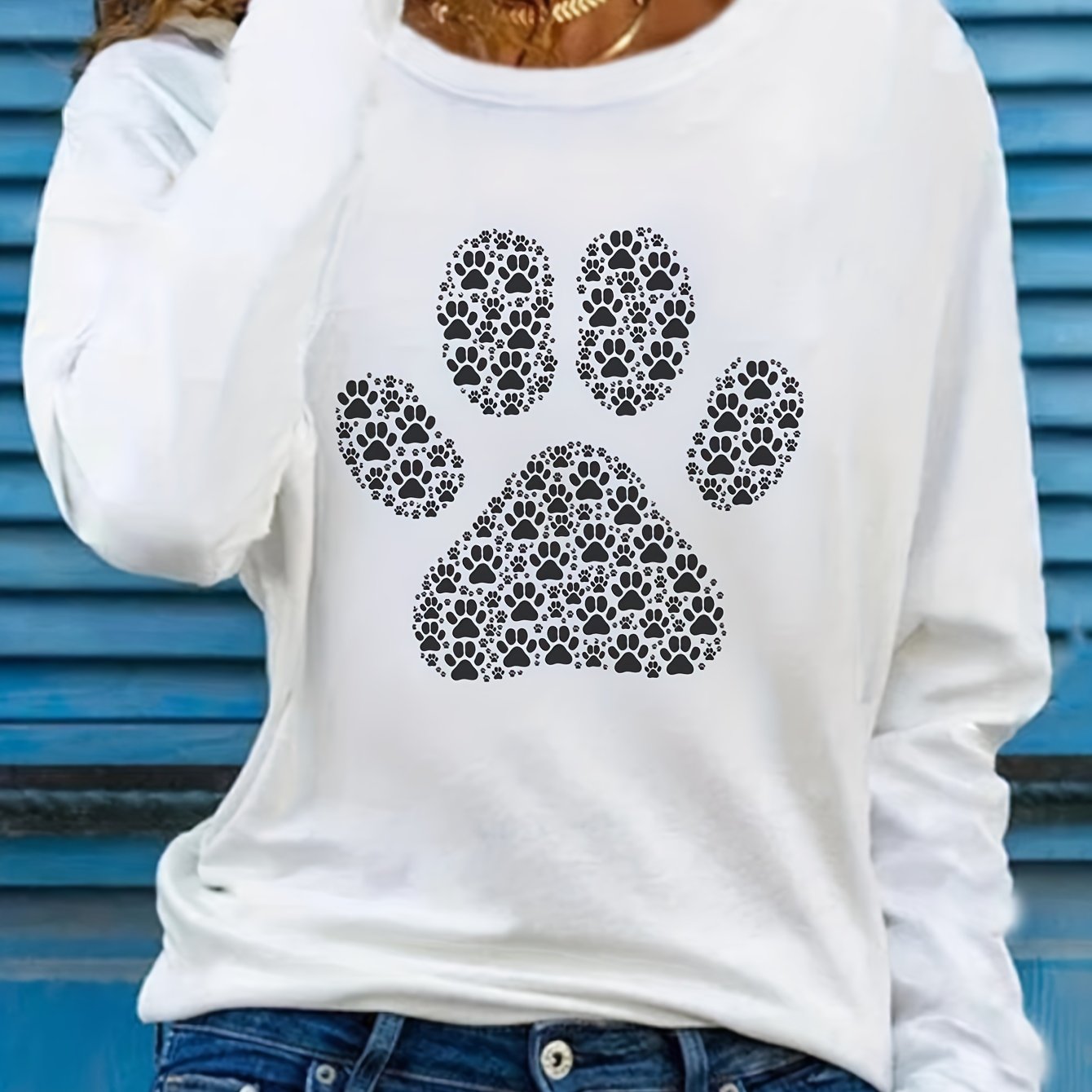 Adorable Puppy Paw Print Tee - Soft, Casual, Long Sleeve Crew Neck T-shirt for Women - Comfortable, Relaxed Fit, Animal Lover's Gift Idea, Women's Clothing