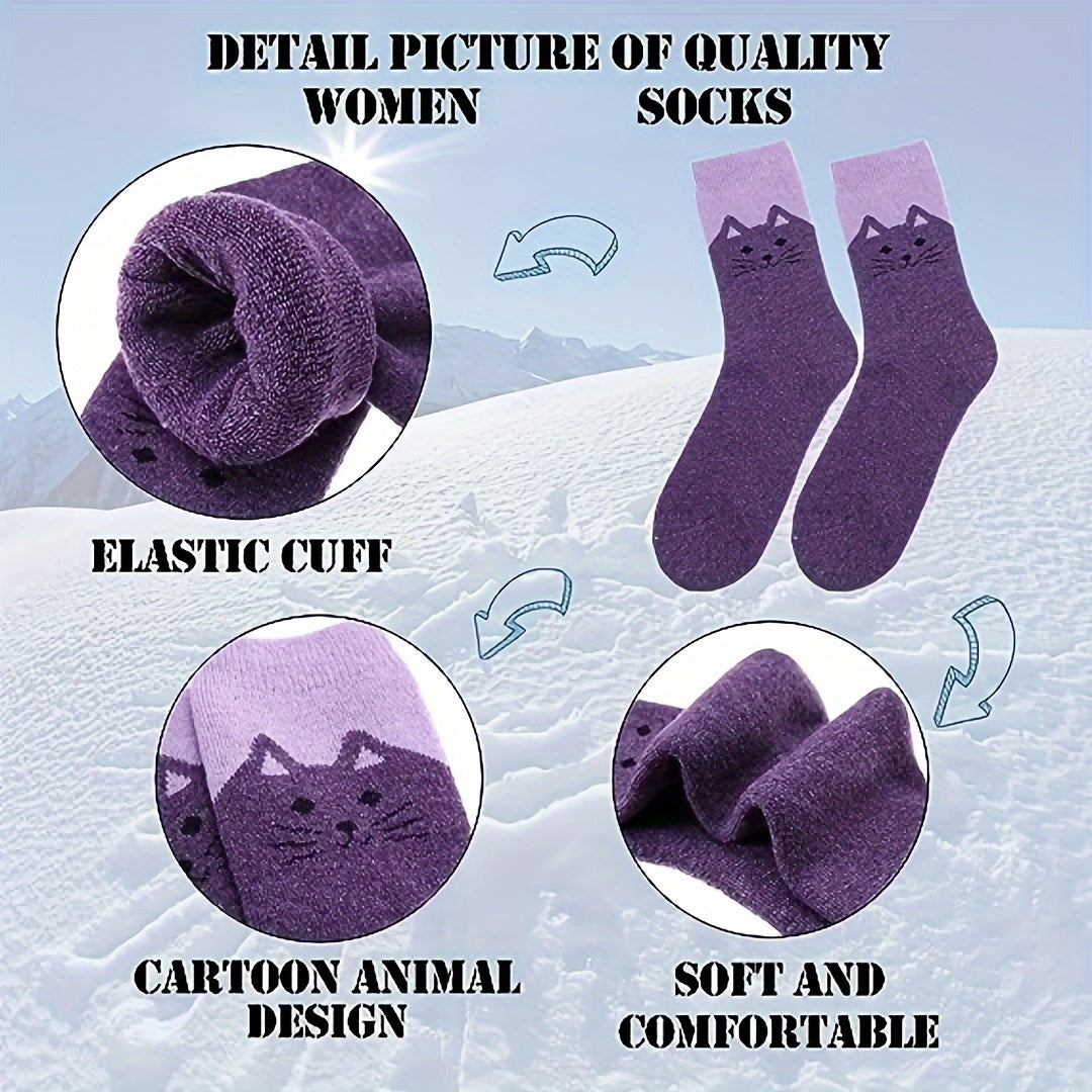 5 Pairs Cute Cat Socks – Thick Winter Warm Crew Socks for Women and Men