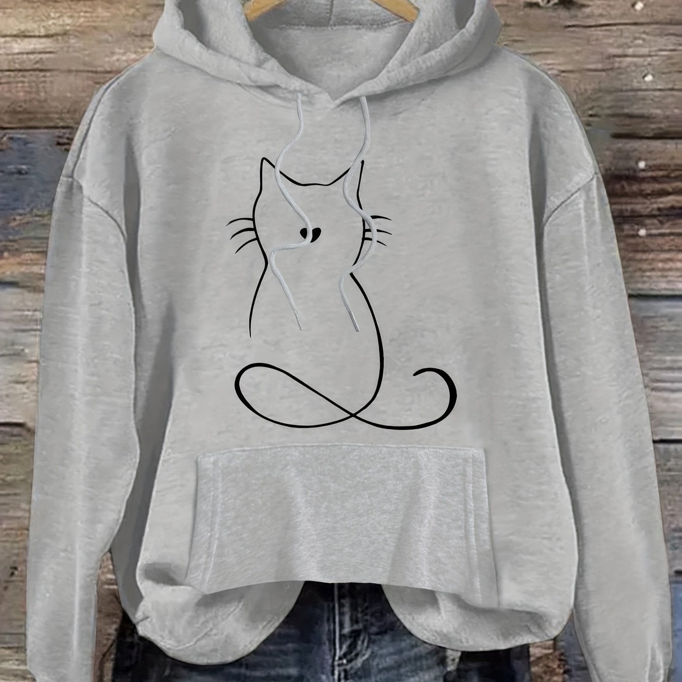 Cat Print Kangaroo Pocket Hoodie – Casual Drawstring Hooded Sweatshirt