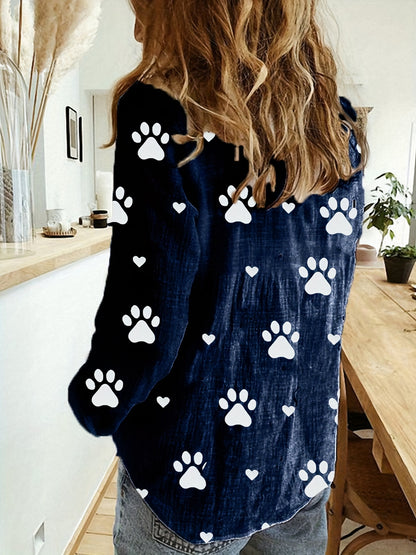 Paw Print Button Front Shirt – Cute & Casual Long Sleeve Top for Spring & Fall