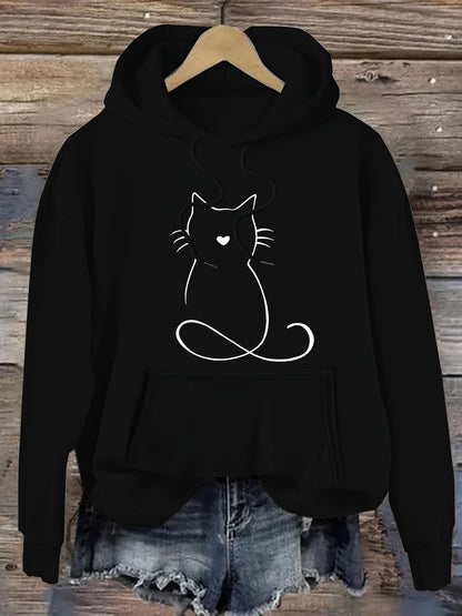 Cat Print Kangaroo Pocket Hoodie – Casual Drawstring Hooded Sweatshirt