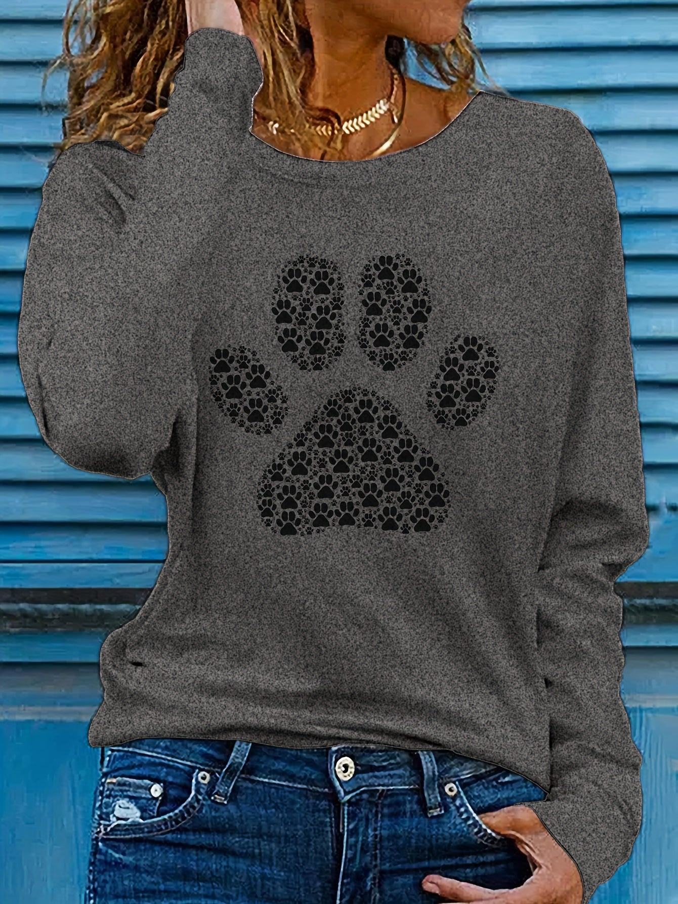 Adorable Puppy Paw Print Tee - Soft, Casual, Long Sleeve Crew Neck T-shirt for Women - Comfortable, Relaxed Fit, Animal Lover's Gift Idea, Women's Clothing